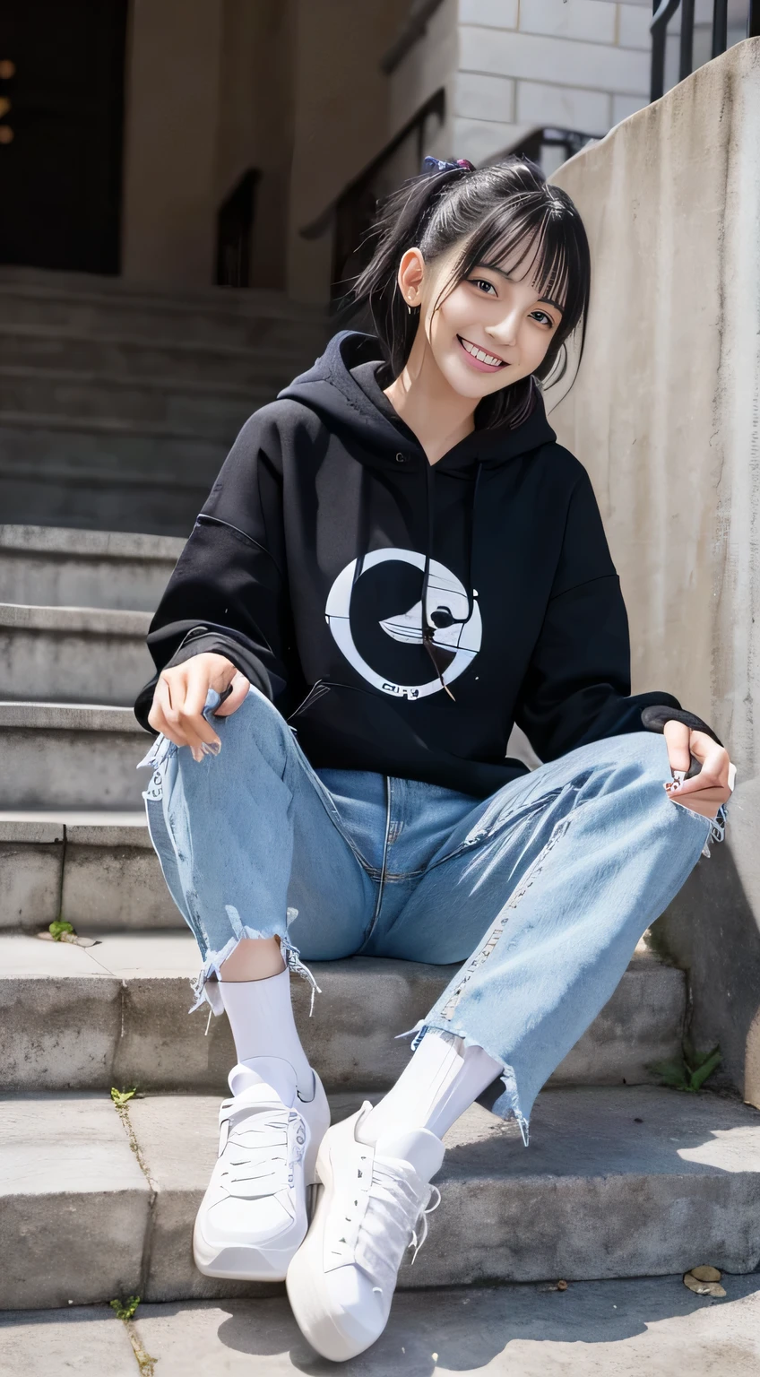 highest quality, Realistic, Very detailed, Finer details, High resolution, 8k wallpaper, One beautiful woman,Sit on the stairs、(Wear black socks)smile、(Beautiful teeth alignment、)(Gums are visible) Oversized hoodie, Skinny jeans,( Black sneakers)、Black Hair、 Beautiful Bangs、ear piercing、Perfect dynamic composition, Beautiful and detailed, Full Body Shot, A big smile