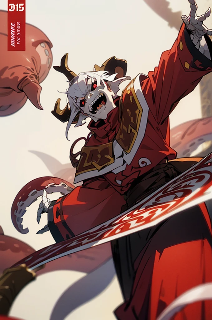 ((illustration)), (best quality)), ((masterpiece)), (detailed), ((tentacles)), RedGarb, solo, 1boy, male focus, long sleeves, skull, ((short white hair))), (antlers), red eyes, sharp teeth, open mouth, laughing, long tongue, stark_sousou_no_frieren, comic cover, ruins, fullbody,