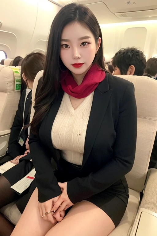 full body, (Photo realistic, masterpiece, best quality, ultra detailed, realistic skin, intricate details, exquisitely detailed, beautiful composition, extremely intricate, realistic humid skin, perfect anatomy, exquisitely detailed skin), (1 man, 60 years old korean ugly man, old man wear business black suit),(1 girl, (long sleeve red Jacket with a nametag), (beige pencil mini skirt), (green colored craw scarf), (red lips, high nose bridge), (24 years old, korean beautiful woman), flight attendant, wide hip, black hair, hair_bun, smile, open mouse, from front, looking at viewer, in The first class area of airpalne, to sit cross-legged in black pantyhose), ((60 years old Korean man hugging each other)), in The first class area of airpalne, only two people,