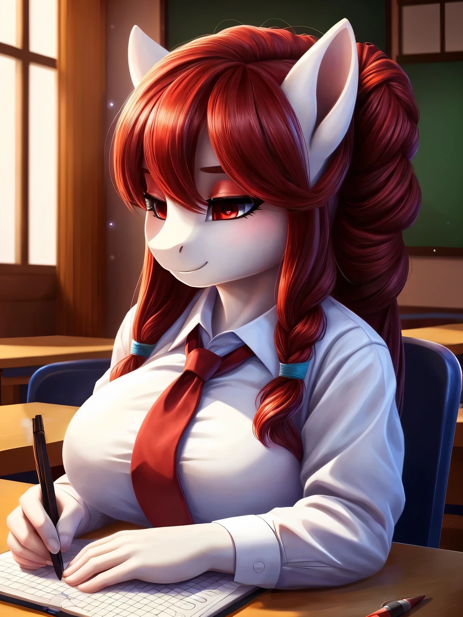 (best quality,4k,8k,highres,masterpiece:1.2),ultra-detailed,HDR,UHD,studio lighting,ultra-fine painting,sharp focus,physically-based rendering,extreme detail description,professional,vivid colors,bokeh,portraits, pony, (my little pony), school class, school japan uniform, striped red stockings, eyeshadow, ((voluptuous figure:1.3)), red eyes, (well-behaved girl), ((eye obscured by the hairstyle)), (typing on notebook), focus on writing girl, sitting, long hair, red hair, ((matte white body))