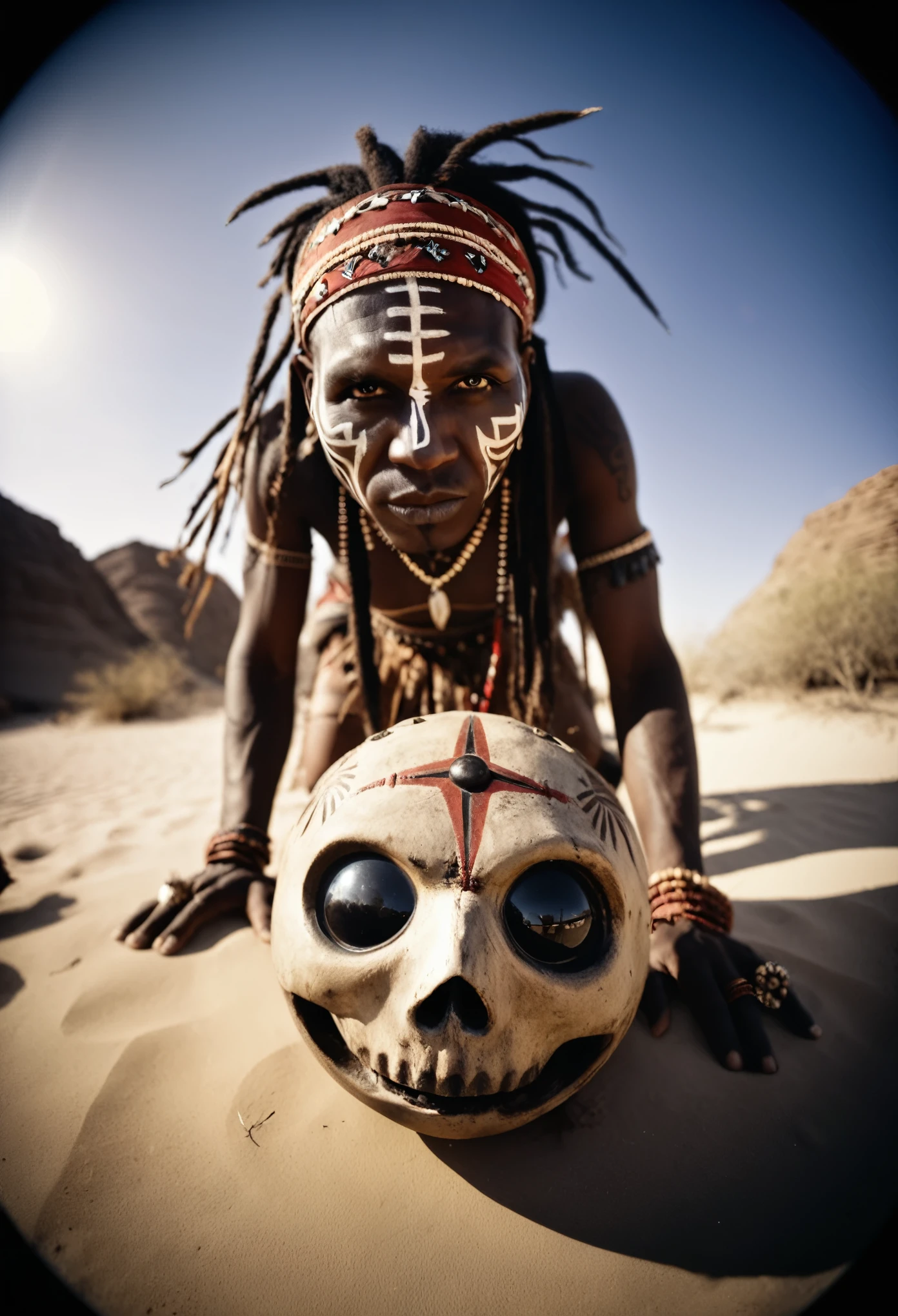 cinematic film still witch doctor leaning over the viewer,fisheye-lense-photo,tribal,desert,voodoo ritual,Ultra-HD-details . shallow depth of field, vignette, highly detailed, high budget, bokeh, cinemascope, moody, epic, gorgeous, film grain, grainy