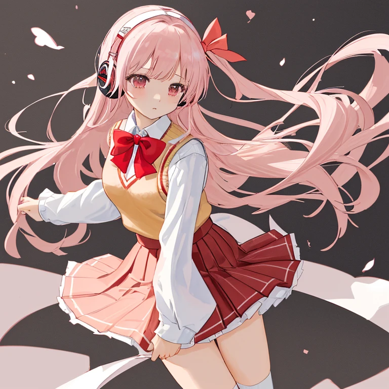 (8k、highest quality、masterpiece:1.2)、Illustration touch、Ultra-detailed、Super A High Resolution、garden、Light pink hair、long hair、Headphones、Woman in uniform、High 、白色の長袖ブラウスと紺色のSweater vest、Red bow tie、The top button is fastened、Tightening the ribbon、紺色のSweater vest、Sweater vest、Red Check Skirt、Red Check Skirt、mini skirt、White knee socks、Long white socks、White socks、Delicate limbs、Standing with your legs together、Grab the hem of your skirt、((Skirts that turn over in strong winds))、(White panties)、(School uniform:1.4)、Blushing
