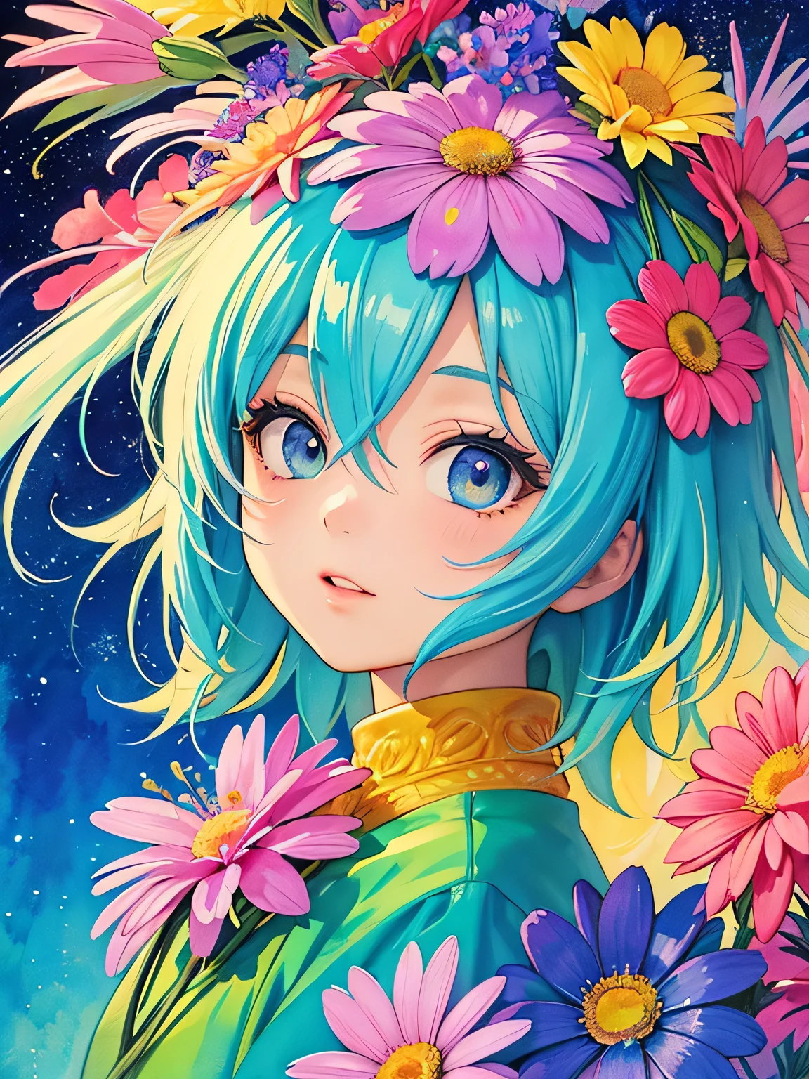 Akira Toriyama style、8K Quality、Intense watercolor, Detailed watercolor art, Watercolor splash, Surreal, avant-garde pop art, Beautiful and expressive paintings, Beautiful artwork illustration, Very colorful tones, wonderful, Cool beauty, highest quality、Official Art, Vector art, Stylish design, ((The most beautiful girl of all time)), (((highest quality))), HDR, ((detailed)), (((Doodle Art)), ((masterpiece)), ((Super detailed)), (((Colorful flowers))), Midsummer Night Sky, 