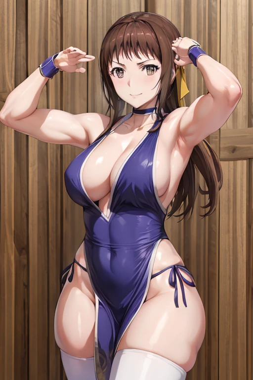 masterpiece, best quality, beautiful art, high resolution, well formed hands, body and fingers, 1 woman, solo, Ui Wakana, grown up, hair ribbon , adult, big breasted, cleavage, full body, long hair, hair ornament, gorgeous legs and thighs, blue_kunoichi_dress, white stockings, sleeveless, she is fighting in a combat match at a martial arts tournament, she is getting ready to fight, making her guard pose, action and fighting scene, about to hit the viewer, looking at the viewer, sweating , feeling confident and proud, smiling joyfully and happily,  charming her opponent with her beauty, fighting scene, martial arts tournament on the beach 