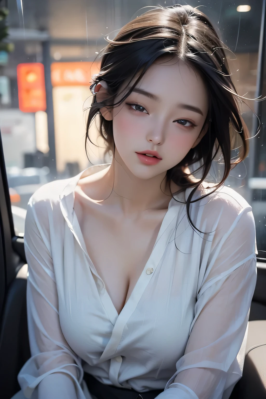 (subject)A sexy woman(seductive eyes),(cleavage), bending forward,(through car window), in the(night time),(raining). (medium)An oil painting(medium) with(vivid colors) and(ultra-detailed) brushstrokes. The woman is portrayed with(extremely detailed eyes and face),(longeyelashes), and(beautiful detailed lips). Her seductive gaze captures the viewer's attention, while her posture exudes confidence and allure. The raindrops on the car window add a touch of mystery and sensuality to the scene. The lighting in the painting creates a moody atmosphere, emphasizing the woman's beauty and enhancing the overall(seductive) vibe.