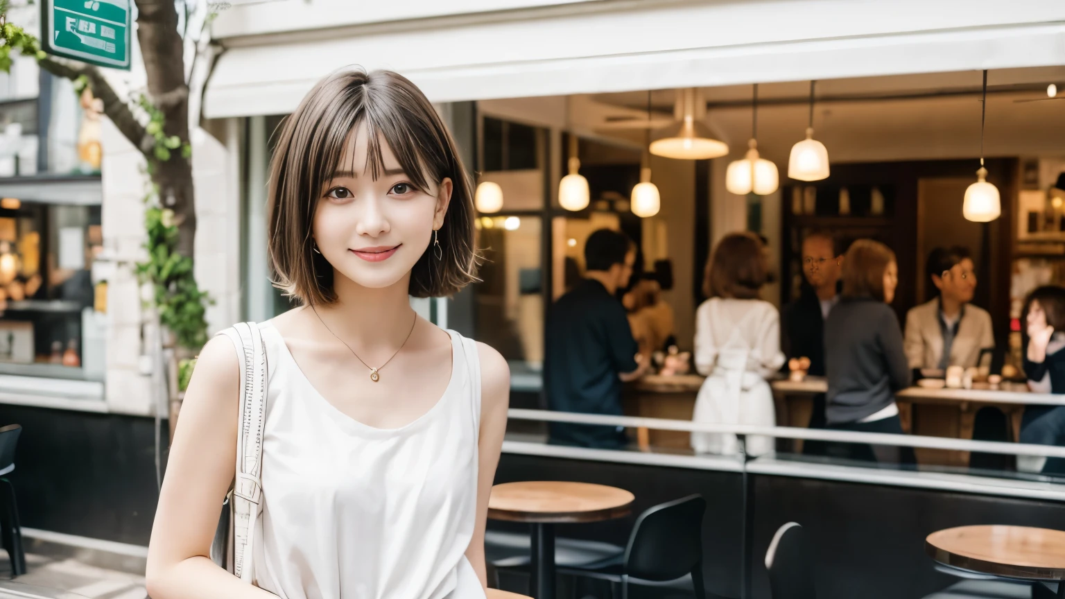 super high quality, Short Hair, Slender, Gravure photoshoot, The staff is working at the counter in the back., (8k、RAW Photos、highest quality、masterpiece:1.2), Japanese Idol, Shaggy, necklace, Stylish café, The cafe is crowded with people enjoying themselves., (Realistic、Photorealistic:1.37), Mesh Hair, Golden Ratio, Raw photo, Cute face , Earrings, Small breasts, Blurred Background, Silver Hair, Spring Clothes, Well-designed furniture, Beautiful hairstyle, Spoiled, Short Bob Hair, Open Cafe, Smile, Hair blowing in the wind, Neat clothes, 18-year-old, 
