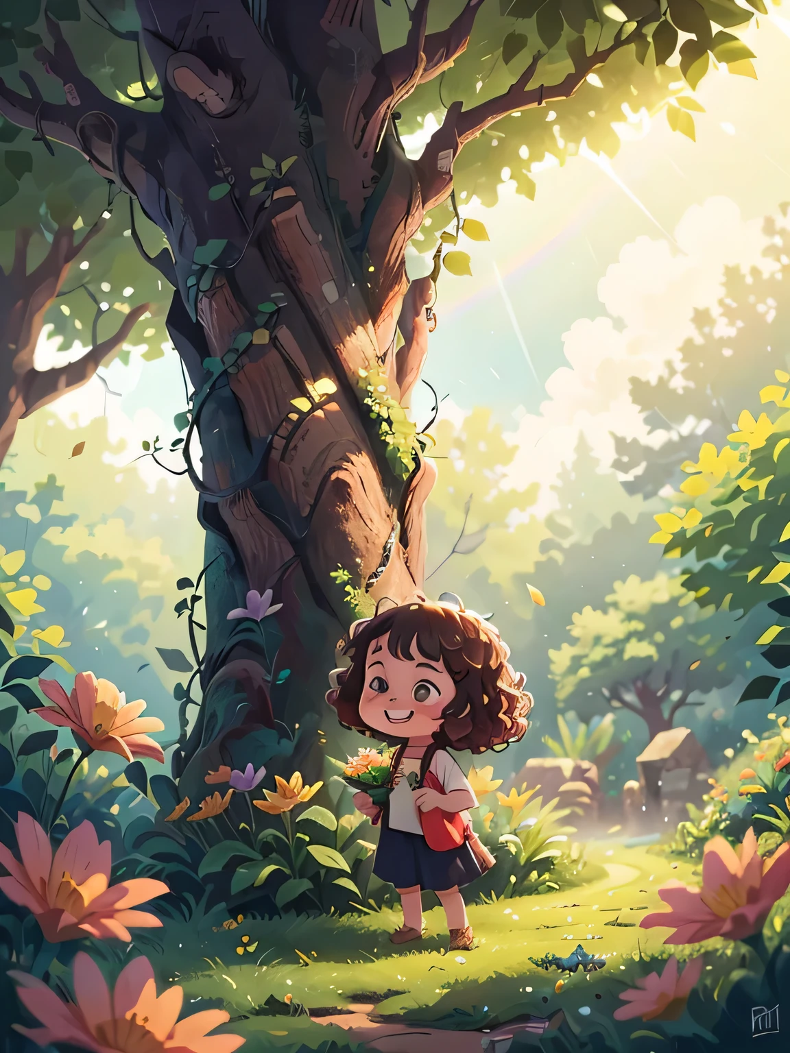 A young girl stood in the rainbow colored field, sorrindo amplamente, holding flowers in hand, brilhando na luz de fundo, e o sol brilhava, curly hair, facing with A majestic ancient sacred tree, bathed in dappled sunlight, side view.