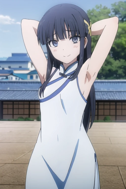 ((best quality)),((highly detailed)),masterpiece,absurdres,detailed face,beautiful face,(detailed eyes, deep eyes),1girl,((dynamic pose)), shiba miyuki, long hair, solo, bow, small breasts, cowboy shot, chinese town, outdoors, seductive smile, looking at viewer, wearing white chinese dress, put your hands behind your head, armpits, armpits visible, sweaty armpits, 