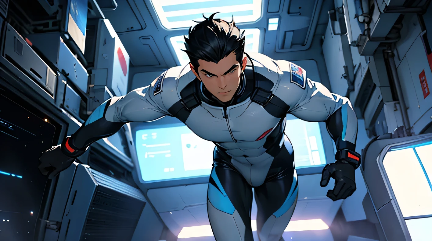 Handsome Men　Black hair, shaved, Japanese, 22 years old　A tight white and blue rubber suit　　Science fiction　Futuristic tight rubber suit　Bulge　　Run at full speed　Short Hair　Looking at the camera while running　The man has nothing in his hands　Run at full speed white gloves　The background is the interior of the space station.