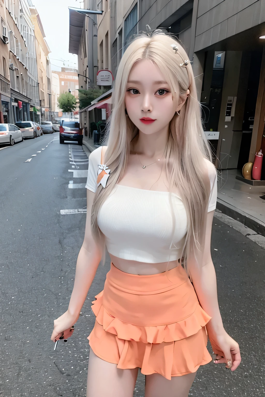 ((Best Quality, 8K, Masterpiece: 1.3)), (Cute Hairpin: 1.3), Focus: 1.2, Perfect Body Beauty: 1.4, Buttocks: 1.2, Very Large Breasts: 1.4 ((Layered Haircut: 1.2)), , (Dark Street: 1.3), Highly detailed face and skin texture, Full body, delicate eyes, Double eyelids, whitened skin, very long white slightly curly hair, (melon face: 1.5), (Short skirt: 1.6),