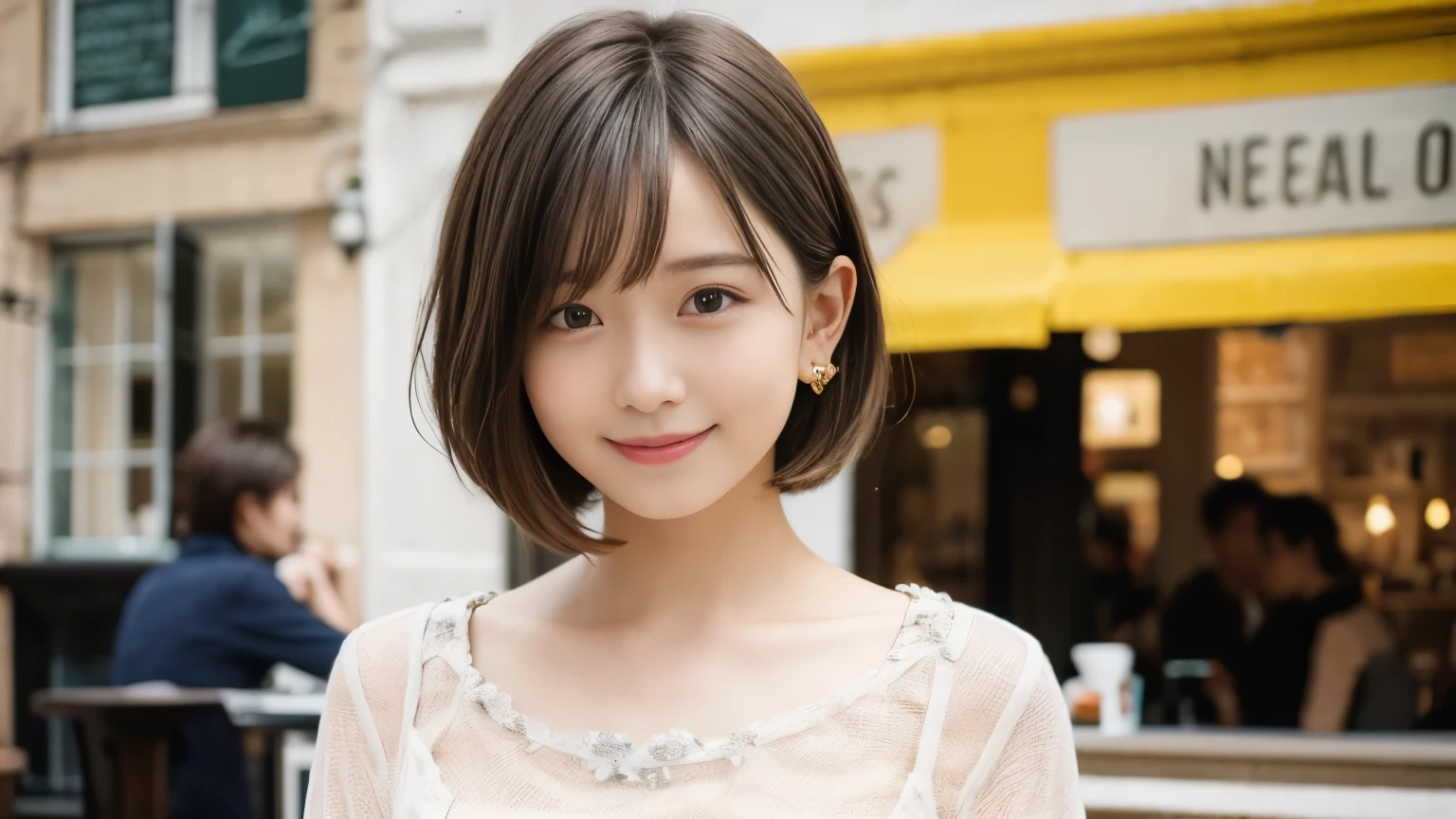 super high quality, Short Hair, Slender, Gravure photoshoot, The staff is working at the counter in the back., (8k、RAW Photos、highest quality、masterpiece:1.2), Japanese Idol, Shaggy, necklace, Stylish café, The cafe is crowded with people enjoying themselves., (Realistic、Photorealistic:1.37), Mesh Hair, Golden Ratio, Raw photo, Cute face , Earrings, Small breasts, Blurred Background, Silver Hair, Spring Clothes, Well-designed furniture, Beautiful hairstyle, Spoiled, Short Bob Hair, Open Cafe, Smile, Hair blowing in the wind, Neat clothes, 18-year-old, 
