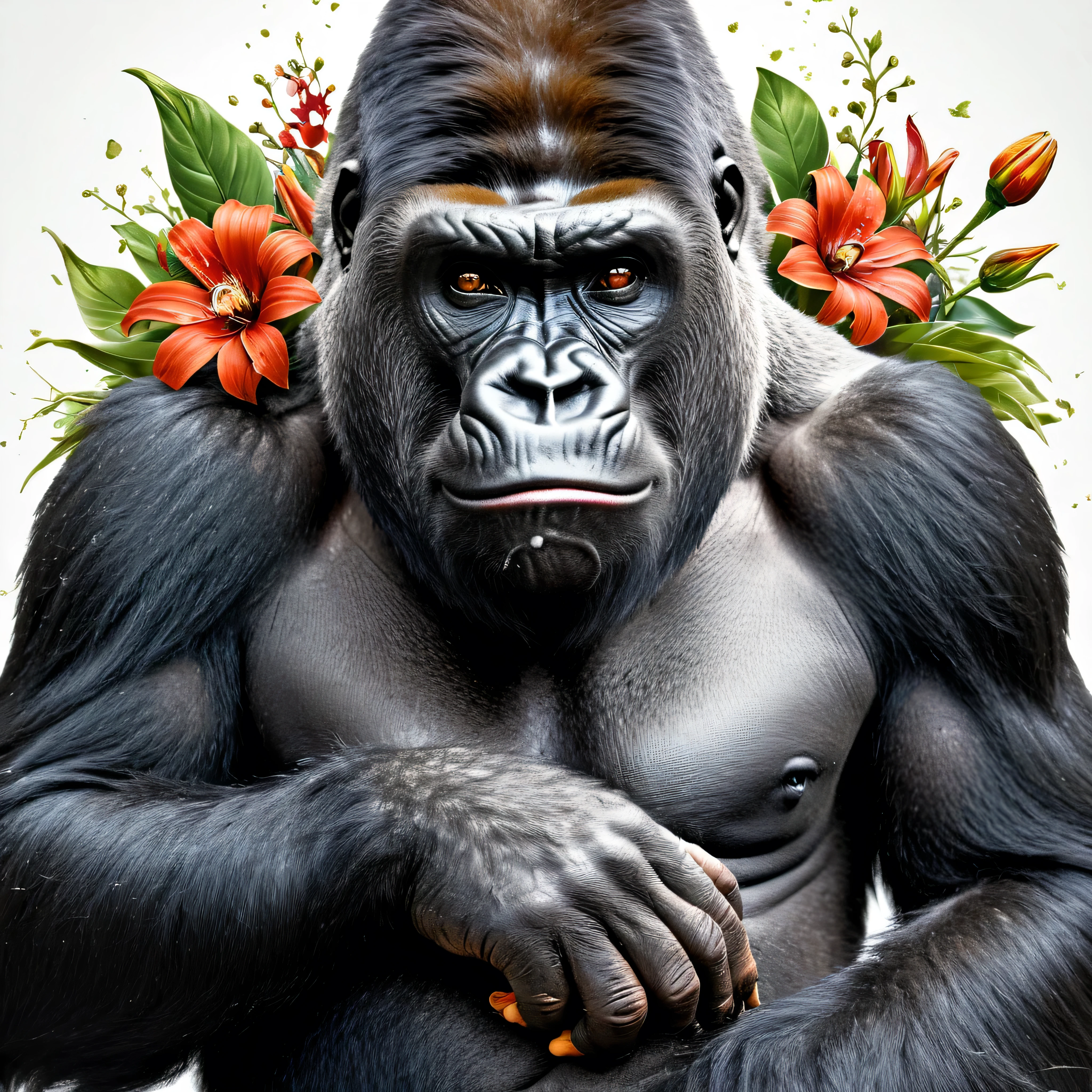 a close up of a gorilla with a bunch of flowers in his hand, Tattoo by Alex Petruk APe, Shutterstock Contest Winner, Shocking Art, like gorilla, wonderful, gorilla, grumpy gorilla, WonderfulArtwork, wonderful, High Quality Artwork, Tattoo Graphics, nice, bored Apes nft, WonderfulArt, wonderful, High quality printing, nice art, Apes