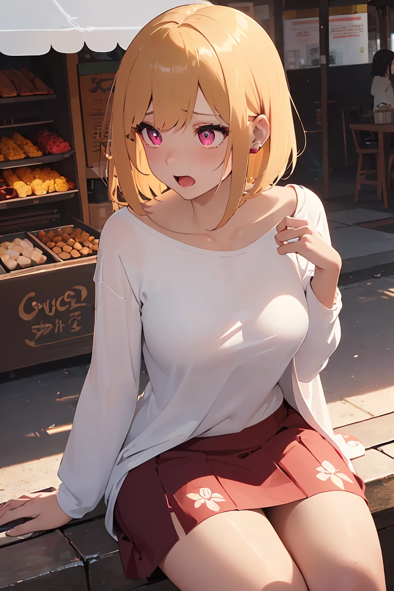 masterpiece, absurdres, best quality, ultra detailed, high Resolution, detailed illustration, bright colour, (extremely beautiful detailed face and eyes, Delicate beautiful face, 1 girl, cute face:1.3), (magenta eyes:1.1), sparkling eyes, big eyes, medium breasts, (perky breasts:1.1), (pointy breasts:1.1), medium hips, glamorous body, white skin, BREAK, long bob cut, (blonde hair:0.8), messy hair, detailed hair, shiny hair, BREAK (buggy long t shirt, middle skirt, down blouse:1.5), perfect lighting, (embarrassed:1.5), (ecstasy, vulgarity:1.5), (trembling:0.8), Food stalls, tourist spot, Choosing food, Southeast Asia,