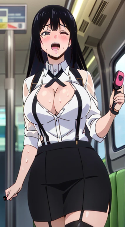 ((Mature female , Large Breasts,Sagging breasts、Low-cut,Cleavage, cleveage、Thick thighs, Wide hips, Curvy beauty, Perfect body),(view_hand, pink vibrator remote switch in view_hand, view:1.2), best quality, Super Detail, masterpiece, Ultra HD, 8k, ridiculous, Cowboy shooting, Fuzzy, 1 girl, Focus on girls, Awkward, blush, charming, Close your eyes, open mouth,with tears in eyes, Saliva residue, The hem of the skirt is wet, Brushed, Vibrator line bulge, Vibrator in garter belt, The Last Vision, White short top,Elbow pads, 露指hand套, Suspenders, Pencil Skirt, White T-shirt, sexy look, Short skirt, mini skirt, Pencil Skirt Subway car interior background, In the crowd,