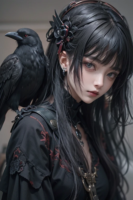 top-quality、8K、​masterpiece：1.3、Gothic punk、Red inner color、A grey dark-haired、hair adornments、a beauty girl、creative、dark fantasy style、Neogos、Goth Fashion：1.2、hight resolution、​masterpiece、top-quality、headw:1.3、((Hasselblad photo))、Fine-grained skin、Sharp Focus、(lighting like a movie)、Realistic texture m hair, black crow in the shoulder 