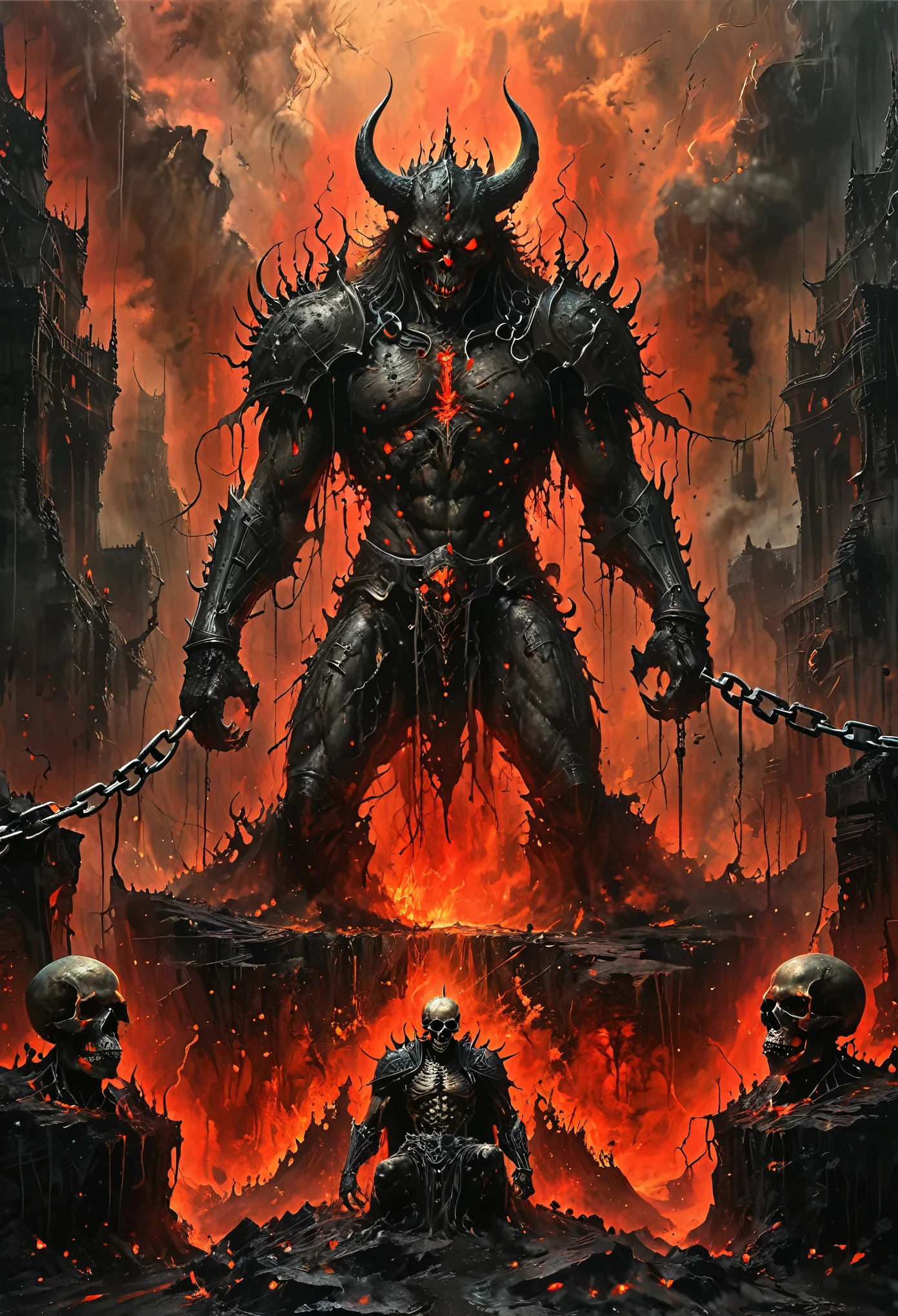 (best quality,highres,masterpiece:1.2),ultra-detailed,realistic, HDR, lava demon, demon knight, struggle, hell, courtroom always open, bride, iron chains, shackles, standing on a high place, flowing lava, cracks, viscous liquid, red, many skulls on the ground, human skeletons, portraits, horror, dark, intense colors, dramatic lighting