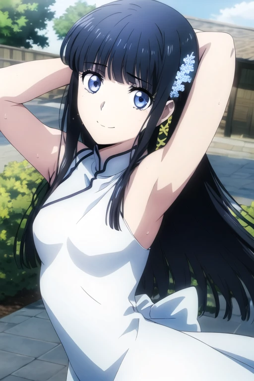 ((best quality)),((highly detailed)),masterpiece,absurdres,detailed face,beautiful face,(detailed eyes, deep eyes),1girl,((dynamic pose)), shiba miyuki, long hair, solo, bow, small breasts, cowboy shot, chinese town, outdoors, seductive smile, looking at viewer, wearing white chinese dress, put your hands behind your head, armpits, armpits visible, sweaty armpits, 