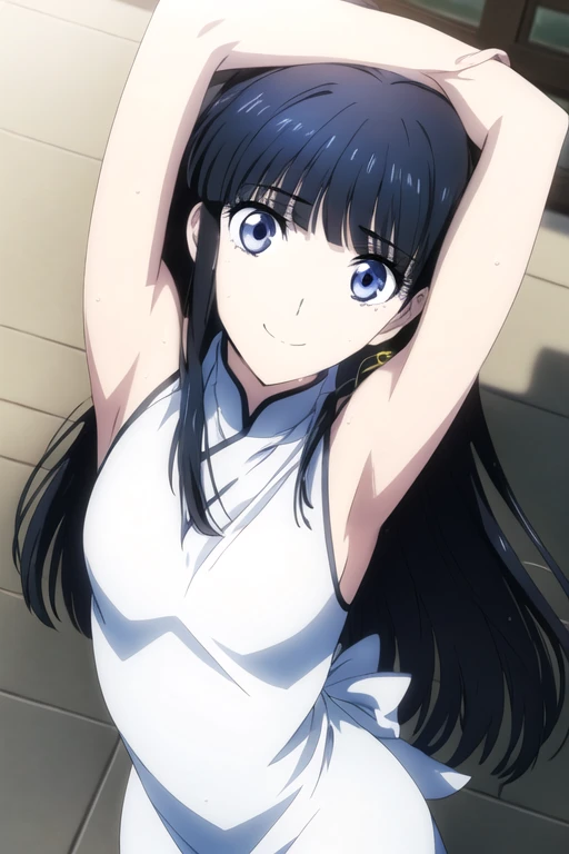 ((best quality)),((highly detailed)),masterpiece,absurdres,detailed face,beautiful face,(detailed eyes, deep eyes),1girl,((dynamic pose)), shiba miyuki, long hair, solo, bow, small breasts, cowboy shot, chinese town, outdoors, seductive smile, looking at viewer, wearing white chinese dress, put your hands behind your head, armpits, armpits visible, sweaty armpits,