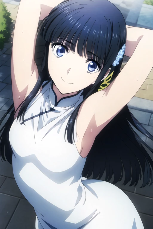 ((best quality)),((highly detailed)),masterpiece,absurdres,detailed face,beautiful face,(detailed eyes, deep eyes),1girl,((dynamic pose)), shiba miyuki, long hair, solo, bow, small breasts, cowboy shot, chinese town, outdoors, seductive smile, looking at viewer, wearing white chinese dress, put your hands behind your head, armpits, armpits visible, sweaty armpits, 