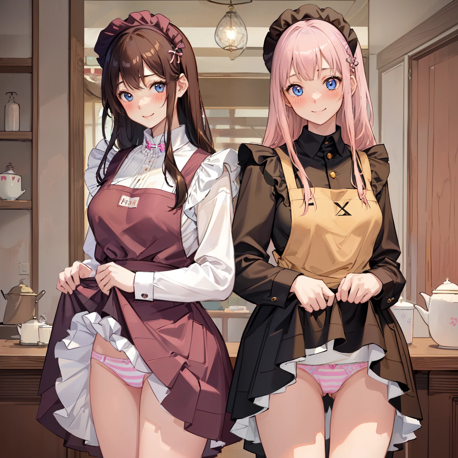highest quality、masterpiece、((2 women:1.5))、((smile:1.3))、(blush:1.3)、Black Shirt、blouse、((fun!!))、(Small breasts)、()、Blonde、(Long sleeve)、((White apron:1.5))、((Maid))、((hair ornaments)),、Kamimei、look at me、 ((in house:1.5))、 Taking a break from watching the audience、Cowboy Shot、(Skirt lift:1.3),(Highly detailed pink striped panties:1.3)、(Highly detailed panties:1.3)、、(スカート that rolls up:1.3)、(Panties fully exposed:1.5)、Light blue eyes、long hair、Glowing Eyes