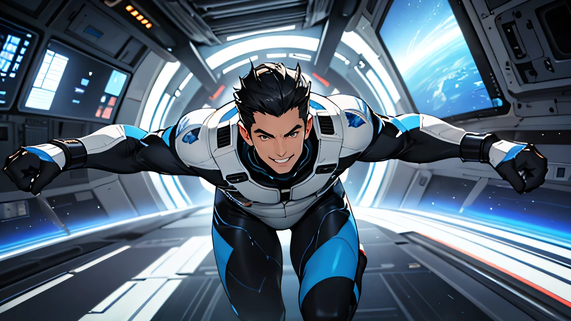 Handsome Men　Black hair, shaved, Japanese, 22 years old　A tight white and blue rubber suit　　Science fiction　Futuristic tight rubber suit　Bulge　　Run at full speed　Short Hair　Looking at the camera while running　The man has nothing in his hands　Run at full speed white gloves　The background is the interior of the space station.　smile　up