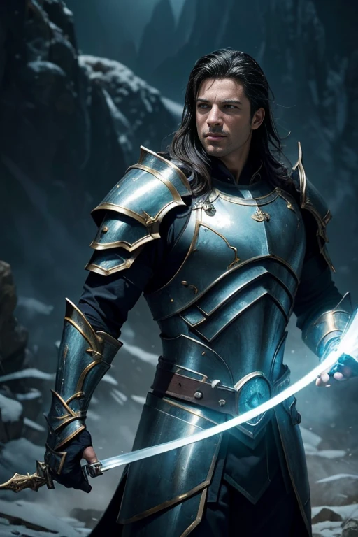 (master piece:1.5), (best quality:1.5), (exquisite lighting and shadow, highly dramatic picture, cinematic lens effect) (Photorealistic picture) (Card game image) highly detailed, realistic, cinematic lighting, studio quality, 8k, wallpaper, dynamic pose, anatomy correct, epic fantasy digital art, Epic composition, Male paladin wearing a light blue armor with Gold accents, lightnings and thunders around, field with mountains background