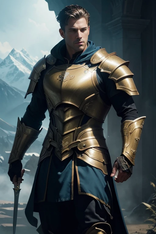 (master piece:1.5), (best quality:1.5), (exquisite lighting and shadow, highly dramatic picture, cinematic lens effect) (Photorealistic picture) (Card game image) highly detailed, realistic, cinematic lighting, studio quality, 8k, wallpaper, dynamic pose, anatomy correct, epic fantasy digital art, Epic composition, Male paladin wearing a light blue armor with Gold accents, lightnings and thunders around, field with mountains background