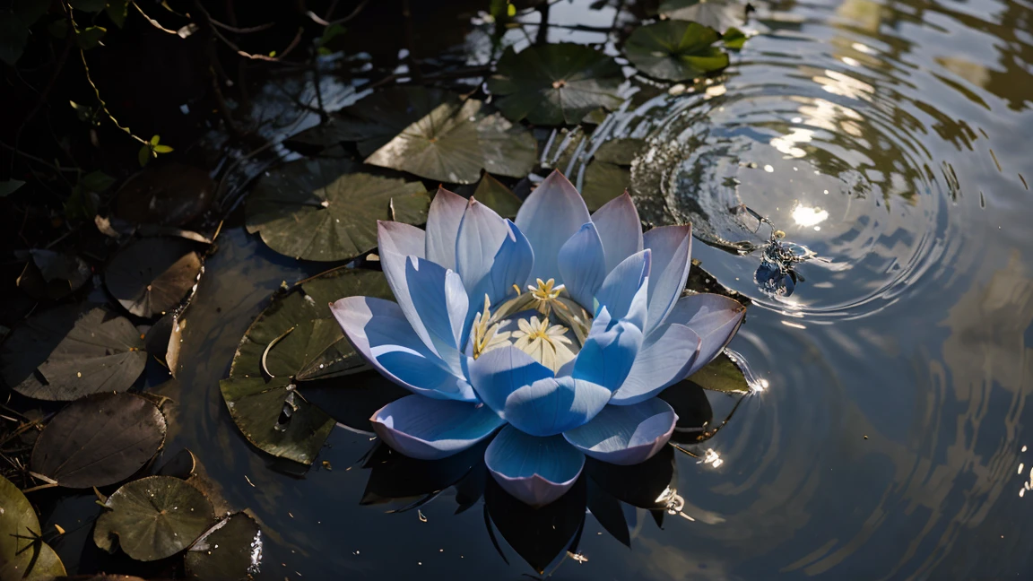 Blue Lotus flower floating in a blue river with sunlight