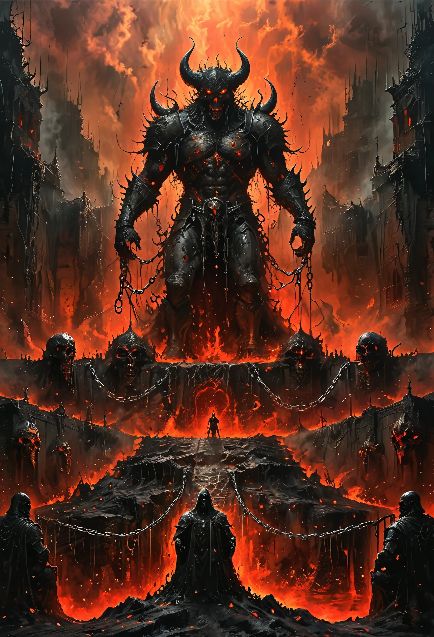 (best quality,highres,masterpiece:1.2),ultra-detailed,realistic, HDR, lava demon, demon knight, struggle, hell, courtroom always open, bride, iron chains, shackles, standing on a high place, flowing lava, cracks, viscous liquid, red, many skulls on the ground, human skeletons, portraits, horror, dark, intense colors, dramatic lighting