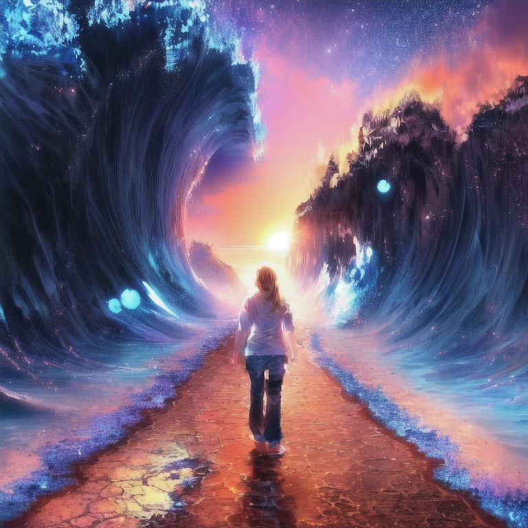 Anime girl walking on the beach, Wallpaper Anime Blue Water, Anime girl walking on water, Beautiful peaceful scene in anime, Beautiful Anime scene, blue sea, Beautiful Anime artwork, Beautiful Anime art, ultra HD Anime Wallpaper, 4k anime wallpaper, HD Anime Wallpaper, Anime Background, makoto shinkai cyril rolando, Beautiful Anime, Anime HD Wallpaper, dirt road,sunset sky, dry road,blue sea