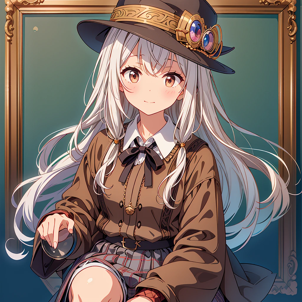 highest quality、Masterpiece、Official Art、The best composition、Sherlock Holmes costumes、Brown and dark brown checked herringbone hat、A poncho with the same pattern as the hat、White shirt and shorts with the same pattern as the hat、magnifying glass、Detective、視聴者にむかってmagnifying glassでのぞいているのでのぞいている側の目が大きくなっている、Face close-up、A pocket watch hanging from his neck、