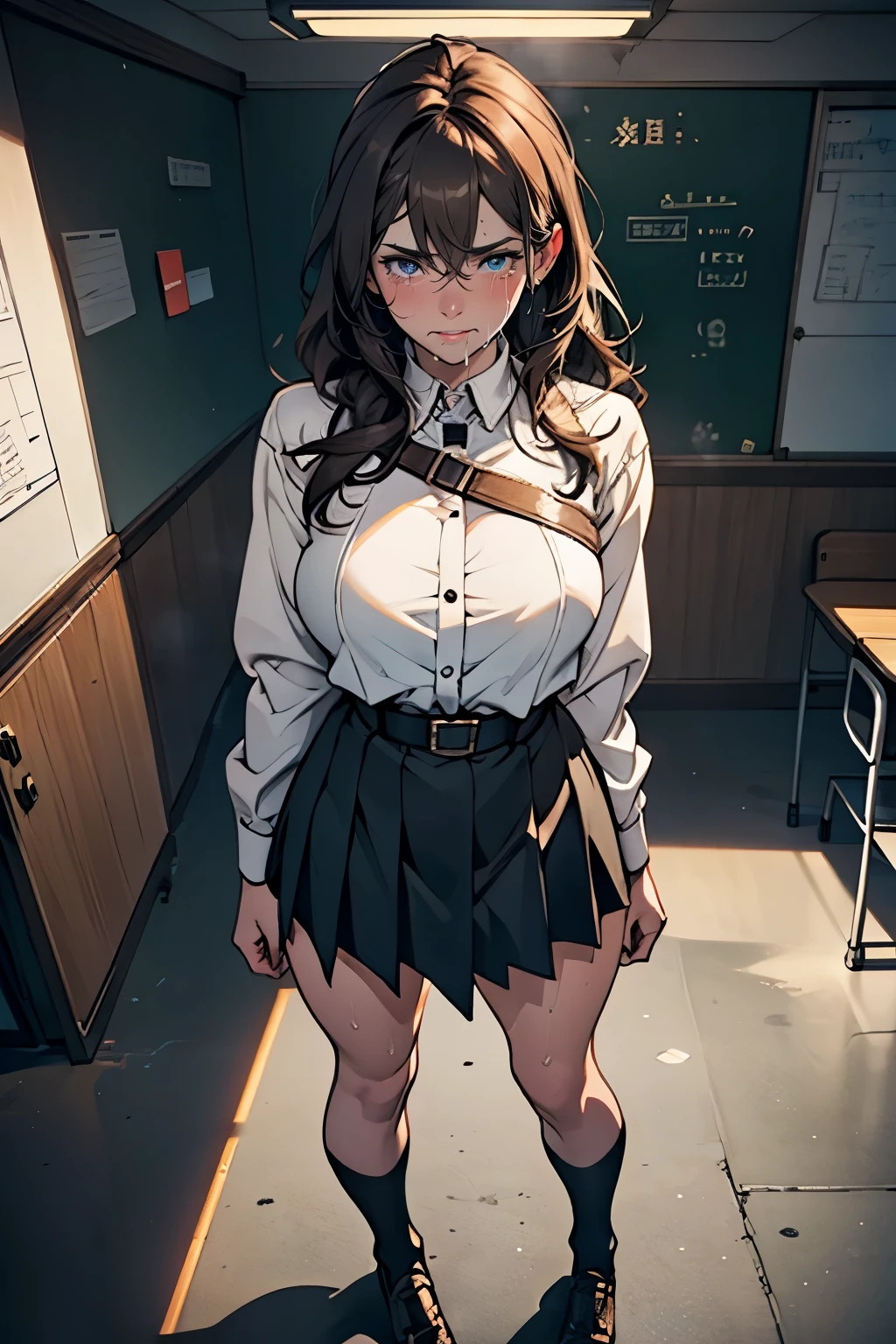 (Highly detailed CG Unity 8k wallpaper), (Masterpiece), (Highest quality), (Super detailed), (Best illustration), (Best shadow), (Absurd), 25 years old, Bullish, Embarrassed, Sweat, Steam, Staring The viewer sees a female teacher with long hair, brown hair, white blouse, black skirt, upturned eyes, glowing fluorescent lights, and a full-body figure standing up in a  classroom.