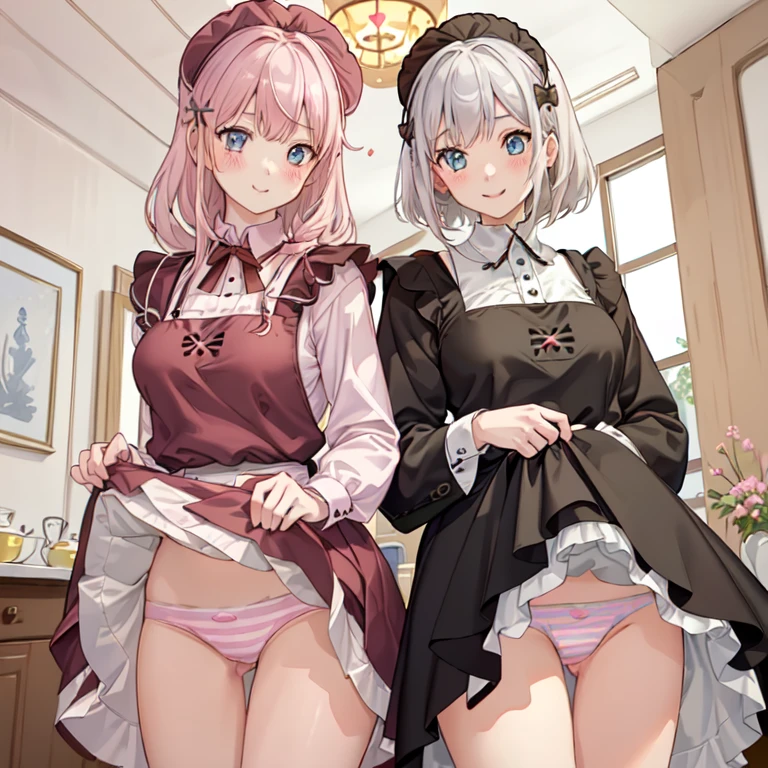 highest quality、masterpiece、((2 girls:1.5))、((smile:1.3))、(blush:1.3)、Black Shirt、blouse、((fun!!))、(Small breasts)、()、Blonde、(Long sleeve)、((White apron:1.5))、((Maid))、((hair ornaments)),、Kamimei、look at me、 ((in house:1.5))、 Taking a break from watching the audience、Cowboy Shot、(Skirt lift:1.3),(Highly detailed pink striped panties:1.3)、(Highly detailed panties:1.3)、、(スカート that rolls up:1.3)、(Panties fully exposed:1.5)、Light blue eyes、long hair、Glowing Eyes