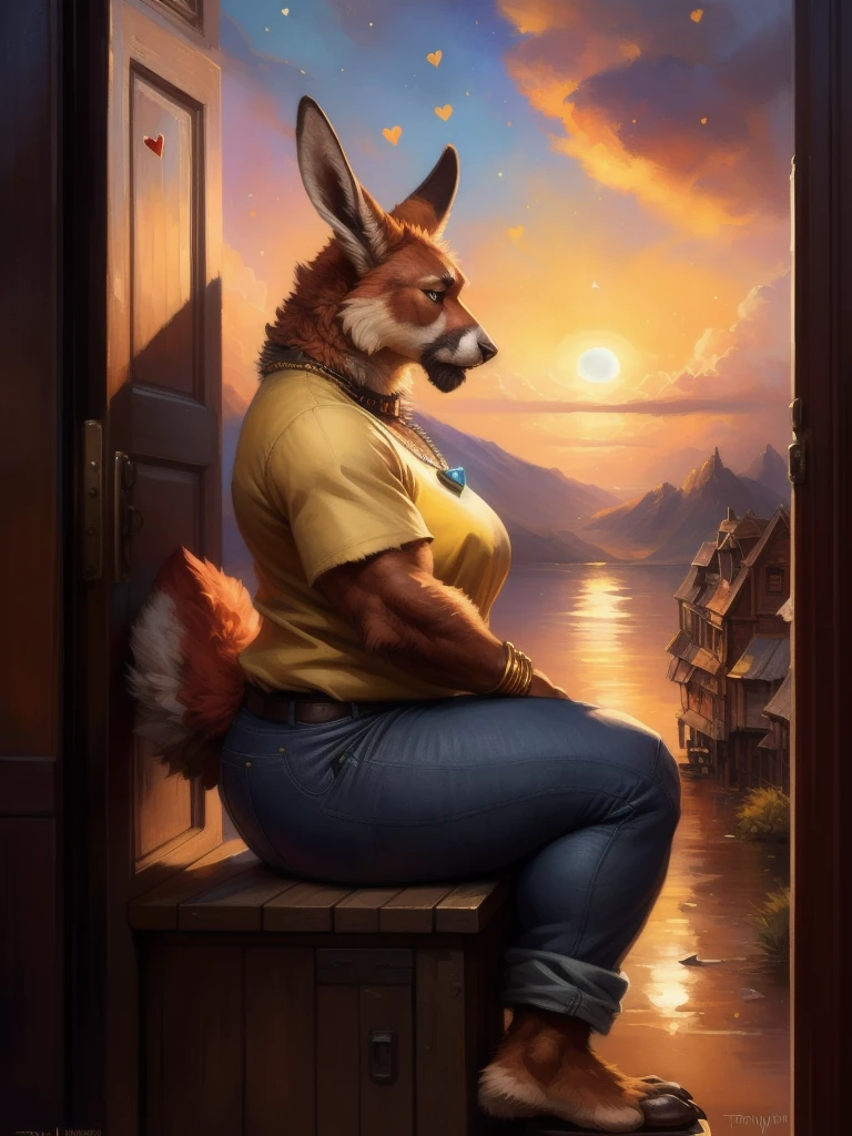 (male:1.5), (((yellow topwear))), (absurd res), ((ultra high resolution)), (((masterpiece quality))), ((side view)), ((breathtaking painstakingly detailed background)), ((impressive lighting)), ((sunset clouds)), ((floating hearts)), ((sparkles)), confetti, sunlight, ⫷|⫸ foxovh, sligarthetiger, cumbread, gammainks, seibear, lollipopcon, dizzyknight, greasymojo, xpray, roly, honovy, taran fiddler, kenket, riendonut, Bayard Wu, Thomas Benjamin Kennington, Duase, ⫷|⫸, jewelry, necklace, bracelet, earring, body accessory, ear accessory, arm accessory, neck accessory, (feet accessory), ⫷|⫸ (fuzzy furry body:1.6), (tall body), ((fur pattern)), ((exotic mammal)), (short tail), slightly chubby anthro, (stunningly beautiful legs), (detailed face), (mature anthro:1.6), ((long ears)), 🟥🦊, kangaroo, doe, solo, (yellow collar working shirt), (yellow & red shirt) big butt, beautiful eyes, dutch angle, ⫷|⫸ standing, (pants is ripped slightly to reveal just tiny anus), (((doordash promotional art))), looks like a doe, ((pants down)), stubby tail, crimson fur, ((((sfw)))), anus, (sitting),