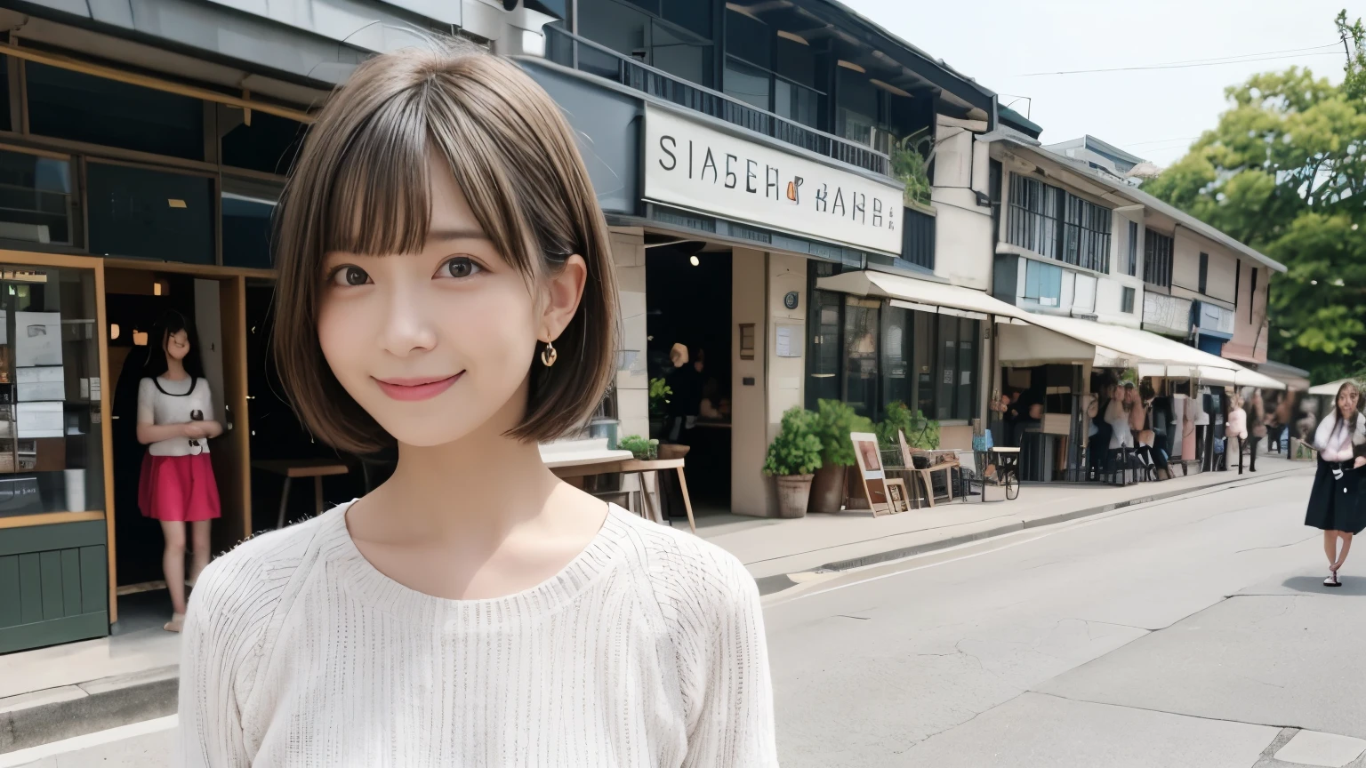 super high quality, Short Hair, Slender, Gravure photoshoot, The staff is working at the counter in the back., (8k、RAW Photos、highest quality、masterpiece:1.2), Japanese Idol, Shaggy, necklace, Stylish café, The cafe is crowded with people enjoying themselves., (Realistic、Photorealistic:1.37), Mesh Hair, Golden Ratio, Raw photo, Cute face , Earrings, Small breasts, Blurred Background, Silver Hair, Spring Clothes, Well-designed furniture, Beautiful hairstyle, Spoiled, Short Bob Hair, Open Cafe, Smile, Hair blowing in the wind, Neat clothes, 18-year-old, 
