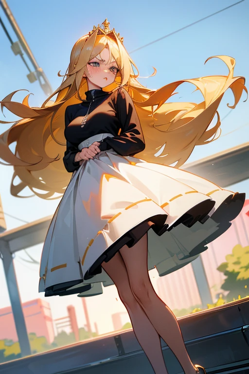 1masterpiece, 8k quality,
anime style, full body view, 1 girl, mature woman, queen, long hair, blonde hair, hime style hair, hair over one eye, almond aquamarine eyes, long eyelashes, thin and well defined lips, with a slightly pinkish tinge, medium breasts, thighs, thick thighs, wide hips, (((very angry expression (exaggerated))),((( pout (very exaggerated))))(((puffed out cheeks (very exaggerated)))), white dress, dress elegant, princess dress, knee-length skirt, open neckline, thigh-tight stockings, black high heels, sweatshirt, blue sweatshirt, hoodie, long sleeves, wide sleeves, open sweatshirt, standing, legs apart, fine hands, nails long, blue sky, in public, train stop.