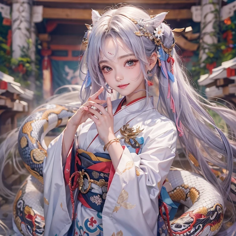 Hide in the ancient shrine、Hair flows、 ((highest quality、masterpiece、8k、best image quality、ultra high resolution、Award-winning work)、(accurate anatomy:1.1)、(look at me and smile:1.1)、Shining fair skin with ultra high resolution、most detailed face、ultra high resolution detailed face、ultra high resolutionの髪の毛、(ultra high resolutionの煌めく瞳:1.1)、Beautiful face drawn in every detail、(blurred background:1.1)、ancient shrine maiden clothes, chest together, tattoo、giant white snake aside