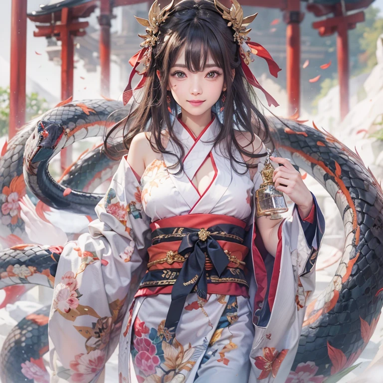 Hide in the ancient shrine、Hair flows、 ((highest quality、masterpiece、8k、best image quality、ultra high resolution、Award-winning work)、(accurate anatomy:1.1)、(look at me and smile:1.1)、Shining fair skin with ultra high resolution、most detailed face、ultra high resolution detailed face、ultra high resolutionの髪の毛、(ultra high resolutionの煌めく瞳:1.1)、Beautiful face drawn in every detail、(blurred background:1.1)、ancient shrine maiden clothes, chest together, tattoo、giant white snake aside