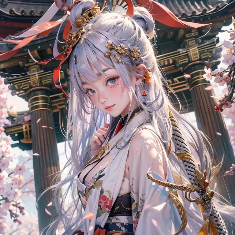 Hide in the ancient shrine、Hair flows、 ((highest quality、masterpiece、8k、best image quality、ultra high resolution、Award-winning work)、(accurate anatomy:1.1)、(look at me and smile:1.1)、Shining fair skin with ultra high resolution、most detailed face、ultra high resolution detailed face、ultra high resolutionの髪の毛、(ultra high resolutionの煌めく瞳:1.1)、Beautiful face drawn in every detail、(blurred background:1.1)、ancient shrine maiden clothes, chest together, tattoo、giant white snake aside