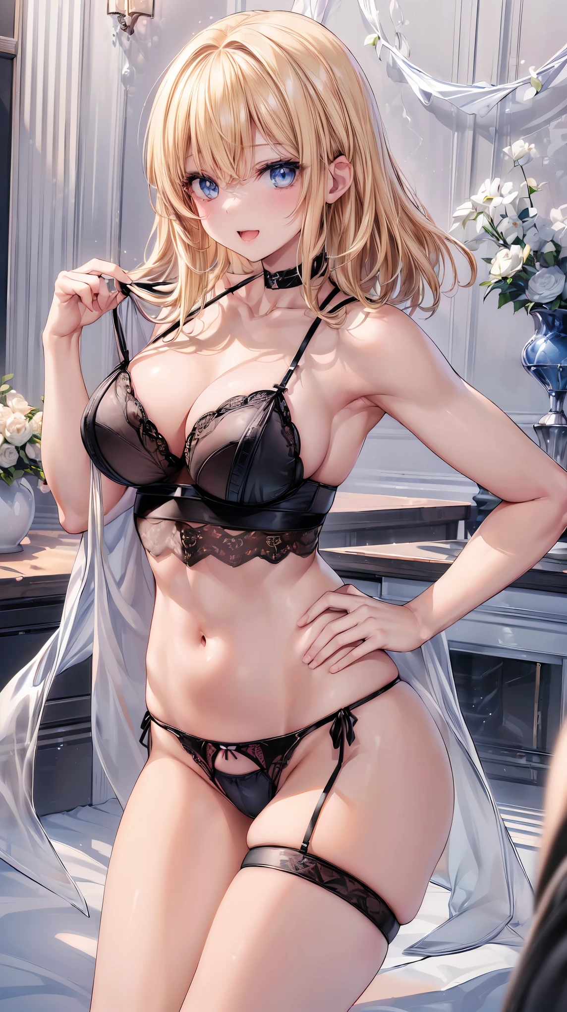 (Adult women:1.5)、Very detailed、highest quality、Best image quality、masterpiece、8k、Anime Face、A kind smile、(Open your mouth:1.3)、Sparkling blue eyes、(Blonde medium hair:1.5)、Muscles of the whole body、(High leg:1.5)、Thigh belt、(Wearing black lingerie:1.5)、(Cowboy Shot:1.5)、(SFW Giant)、(Put your hands on your hips)