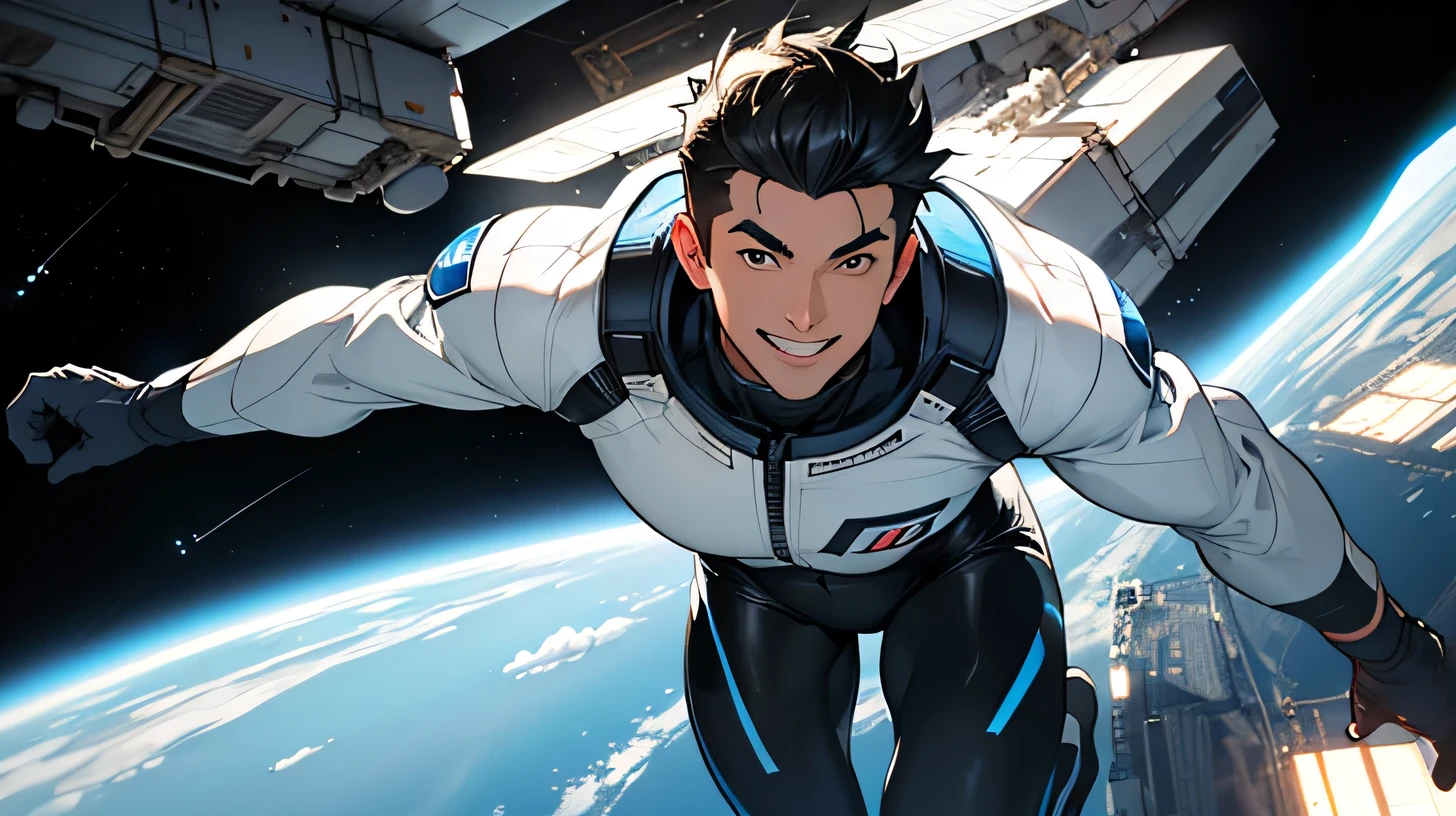 Handsome Men Black hair, shaved, Japanese, 22 years old A tight white and blue rubber suit Science fiction Futuristic tight rubber suit Bulge Run at full speed Short Hair Looking at the camera while running The man has nothing in his hands Run at full speed white gloves Smile Up The background is the interior of the space station.
