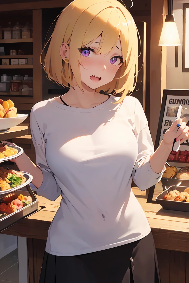 masterpiece, absurdres, best quality, ultra detailed, high Resolution, detailed illustration, bright colour, (extremely beautiful detailed face and eyes, Delicate beautiful face, 1 girl, cute face:1.3), (magenta eyes:1.1), sparkling eyes, big eyes, medium breasts, (perky breasts:1.1), (pointy breasts:1.1), medium hips, glamorous body, white skin, BREAK, long bob cut, (blonde hair:0.8), messy hair, detailed hair, shiny hair, BREAK (buggy long t shirt, middle skirt, down blouse:1.5), perfect lighting, (embarrassed:1.5), (ecstasy, vulgarity:1.5), (trembling:0.8), Food stalls, tourist spot, Choosing food, Southeast Asia,