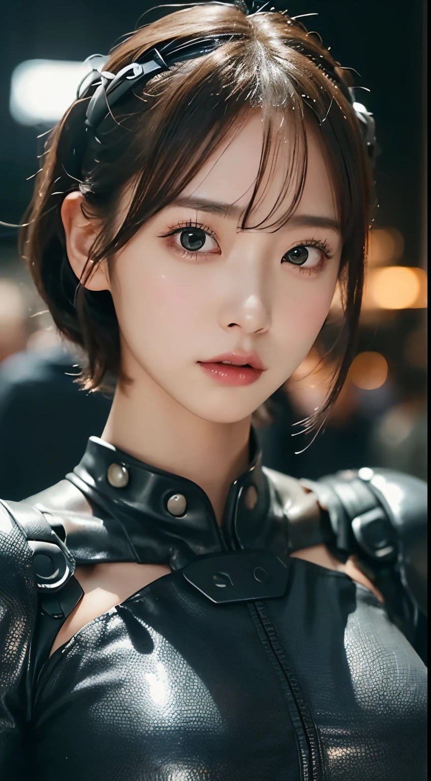 (Close-up:1.4)、(Raw photo:1.2)、(Photorealistic:1.4)、(masterpiece:1.3)、(highest quality:1.4)、(Beautiful woman with perfect body:1.4)、A woman stands in front of a group of robots、Beautiful android woman、Beautiful female soldier、Girl in suit、Complex combat uniform、Beautiful young Japanese woman、Highly detailed face and skin texture、Small, large eyes、double eyelid、Cute face、(Short Bob:1.2)、(Big Breasts)、(Full Body Shot)、Cowboy Shot、(Angry expression:1.2)、Storm and epic war scenes、Cyberpunk Scene、night、illumination、Plug Suit、Damage to combat uniforms、