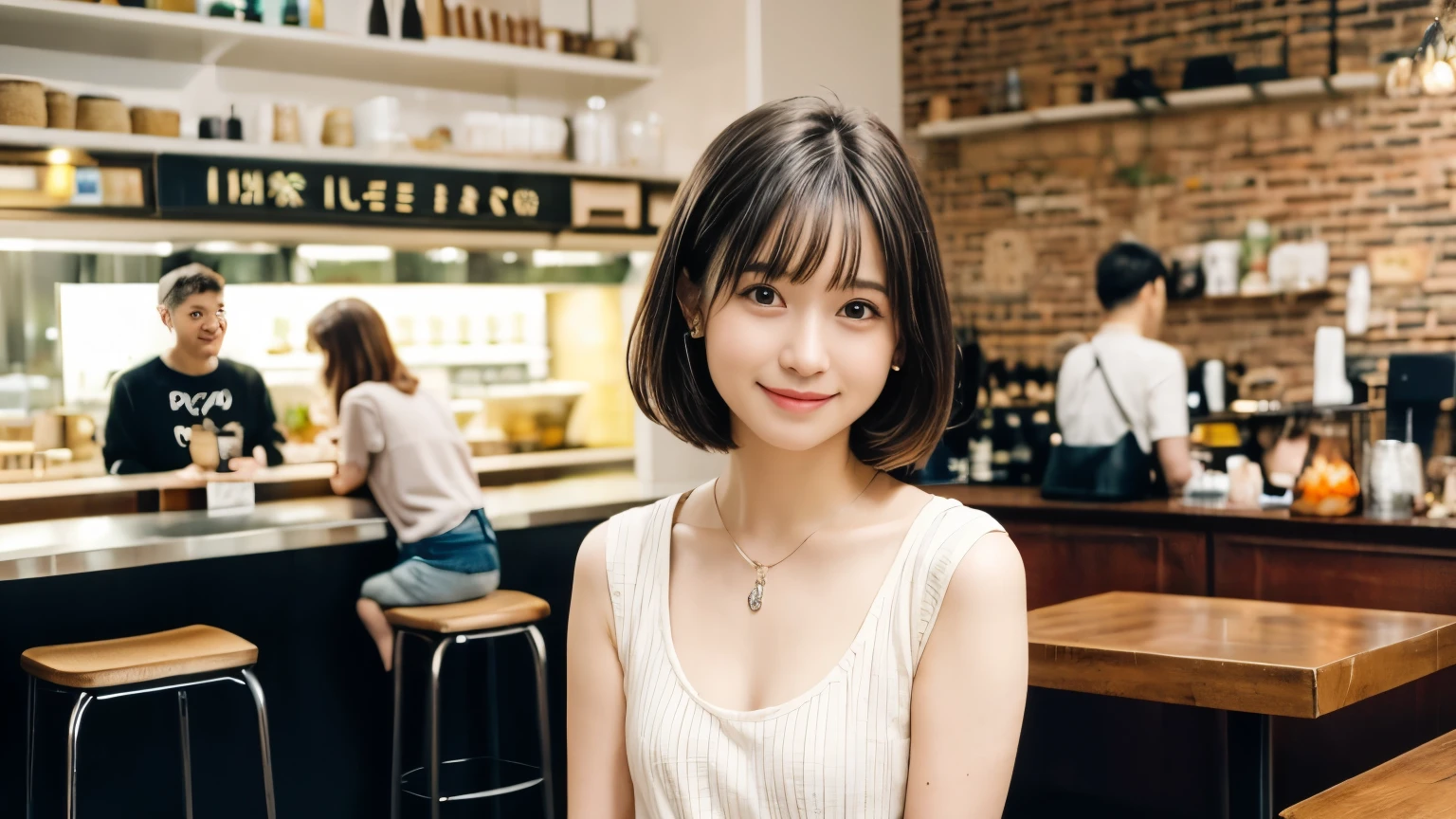 super high quality, Short Hair, Slender, Gravure photoshoot, The staff is working at the counter in the back., (8k、RAW Photos、highest quality、masterpiece:1.2), Japanese Idol, Shaggy, necklace, Stylish café, The cafe is crowded with people enjoying themselves., (Realistic、Photorealistic:1.37), Mesh Hair, Golden Ratio, Raw photo, Cute face , Earrings, Small breasts, Blurred Background, Silver Hair, Spring Clothes, Well-designed furniture, Beautiful hairstyle, Spoiled, Short Bob Hair, Open Cafe, Smile, Hair blowing in the wind, Neat clothes, 18-year-old, 

