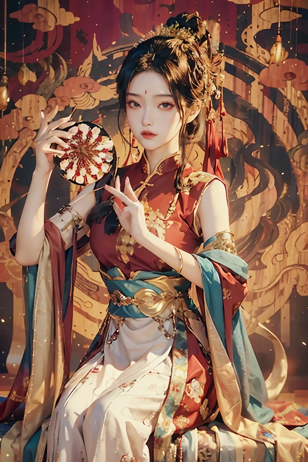 This hyper-realistic image showcases a 20-year-old beautiful young girl, boasting exquisite facial features.She is elegantly clad in a traditional Chinese outfit, featuring a sleeveless top. In her hand, she holds a meticulously crafted Chinese fan, its intricate patterns mirrored in the elaborate weaving of her intricately accessorized hair bun. The scene is captured in Ultra High Definition (UHD), with a 4K resolution that highlights every superb detail. Her elegant dress, with its vibrant colors and luxurious textures, flows gracefully around her, further emphasized by the high resolution.