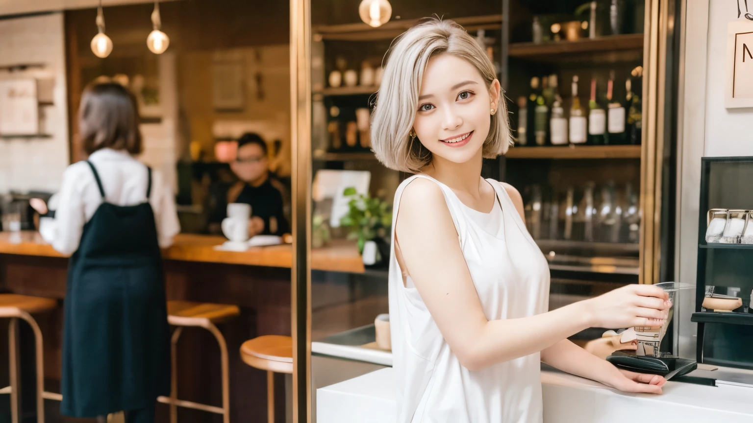 super high quality, Short Hair, Slender, Gravure photoshoot, The staff is working at the counter in the back., (8k、RAW Photos、highest quality、masterpiece:1.2), Japanese Idol, Shaggy, necklace, Stylish café, The cafe is crowded with people enjoying themselves., (Realistic、Photorealistic:1.37), Mesh Hair, Golden Ratio, Raw photo, Cute face , Earrings, Small breasts, Blurred Background, Silver Hair, Spring Clothes, Well-designed furniture, Beautiful hairstyle, Spoiled, Short Bob Hair, Open Cafe, Smile, Hair blowing in the wind, Neat clothes, 18-year-old, 

