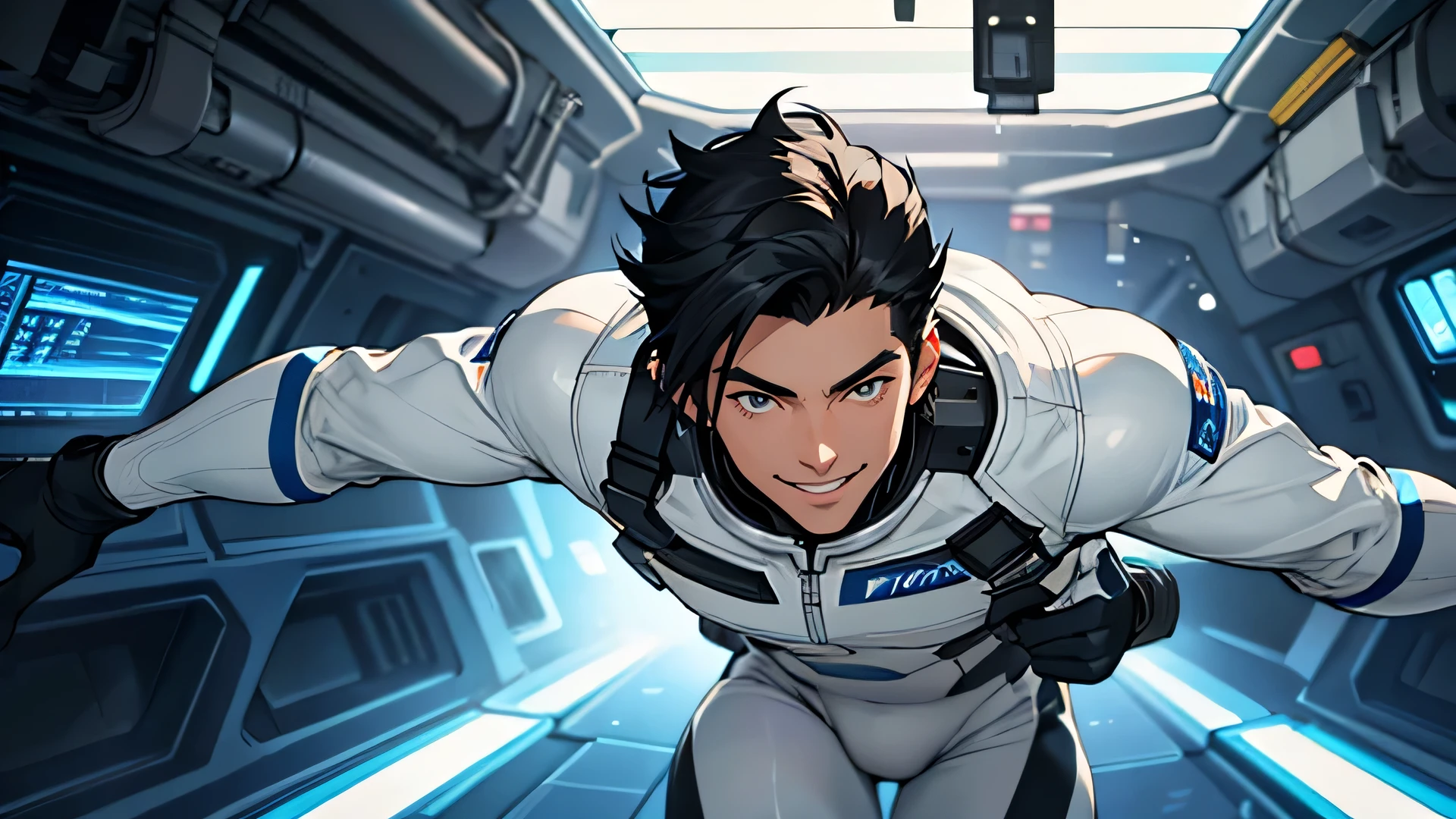 Handsome Men Black hair, shaved, Japanese, 22 years old Science fiction Run at full speed Short Hair Looking at the camera while running The man has nothing in his hands Run at full speed white gloves A tight white and blue rubber suit Futuristic tight rubber suit Bulge Smile Up Space station interior Smile Up