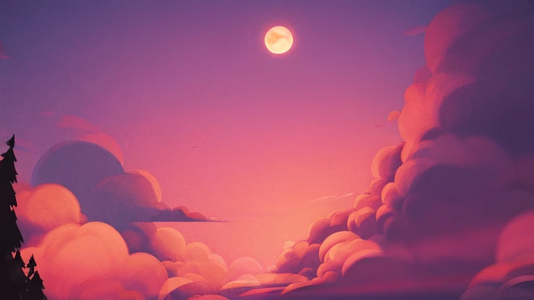 sky full of pastel pink clouds at dusk, with several little stars and a full full moon. estilo 2D ou pixelado