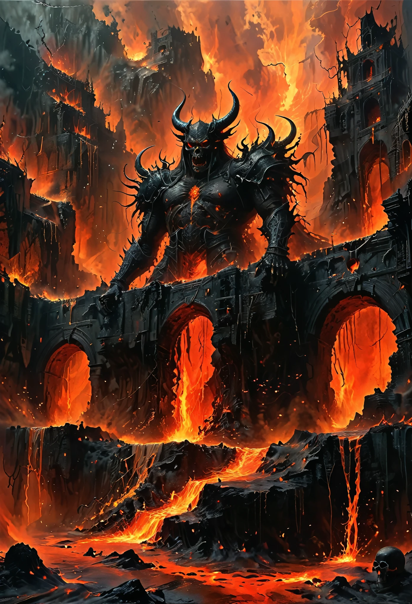 (high quality, detailed, realistic:1.37), (horror, dark, demonic) lava demon and demon knight struggle in the open court of hell. A bride, (chained; shackled; bound) stands elevated above, with flowing lava, lava waterfall, cracks, viscous liquid among (skulls, skeleton) scattered on the ground.