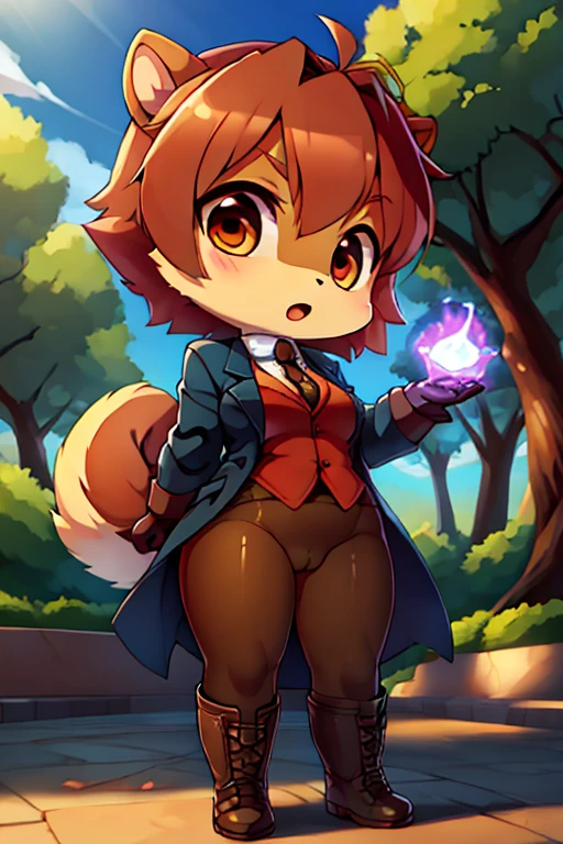 boy, squirrel, furry, bodyfur, blazer, no panties under pantyhose, gloves, boots, chibi, park, magic